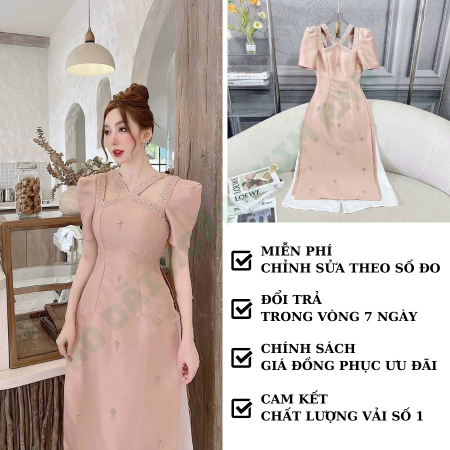 ÁO DÀI TRUYỀN THỐNG TAY BỒNG 2 TÀ THIẾT KẾ CỔ VUÔNG ĐÍNH ĐÁ DUYÊN DÁNG LỤA TRƠN MÀU BE HỒNG ĐẸP