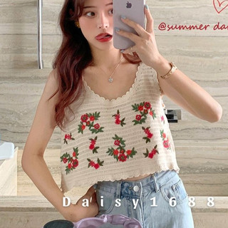 Có sẵn - áo hai dây thêu hoa đi biển đan móc dệt kim daisy1688