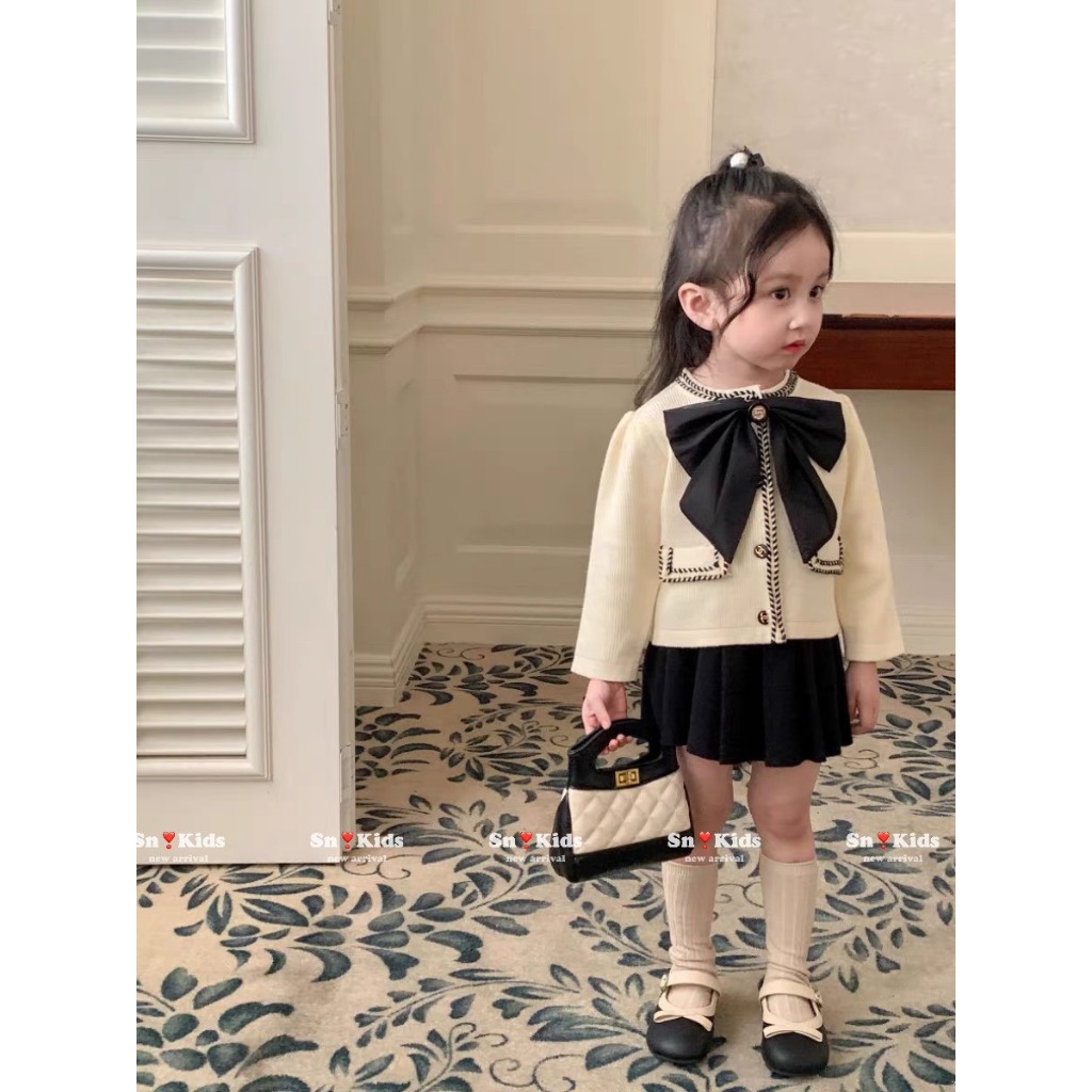 Váy bé gái , Set áo len nhung tăm nơ đen + chân váy xếp ly xịn xò cho bé gái 10-30kg