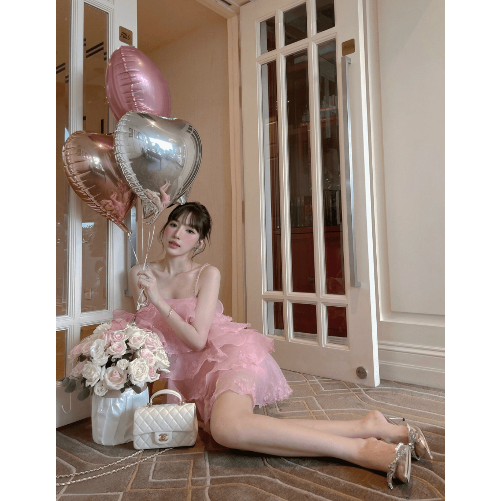 Váy nữ 2 dây dáng babydoll màu hồng phối hoa Bliz, đầm nữ dự tiệc ST104