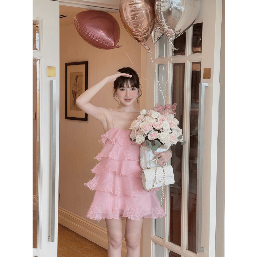 Váy nữ 2 dây dáng babydoll màu hồng phối hoa Bliz, đầm nữ dự tiệc ST104