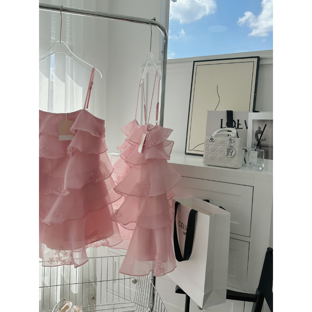 Váy nữ 2 dây dáng babydoll màu hồng phối hoa Bliz, đầm nữ dự tiệc ST104