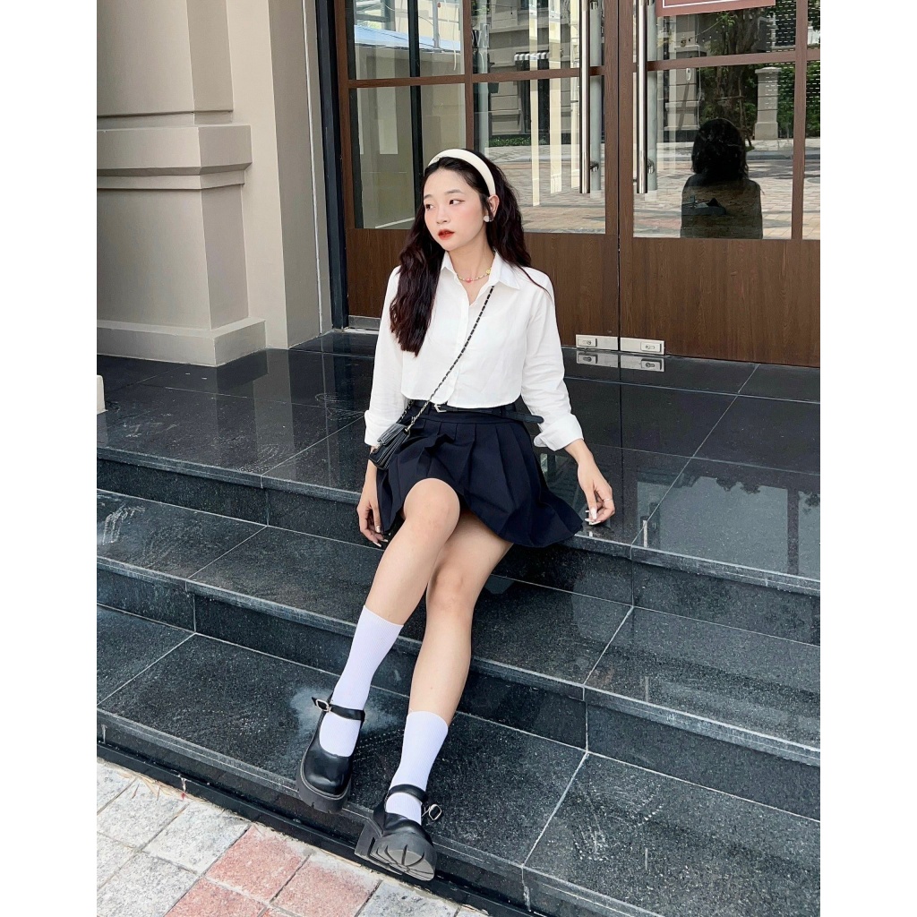 Áo sơ mi croptop tay dài chất kaki hàn Mai Anh Clothing