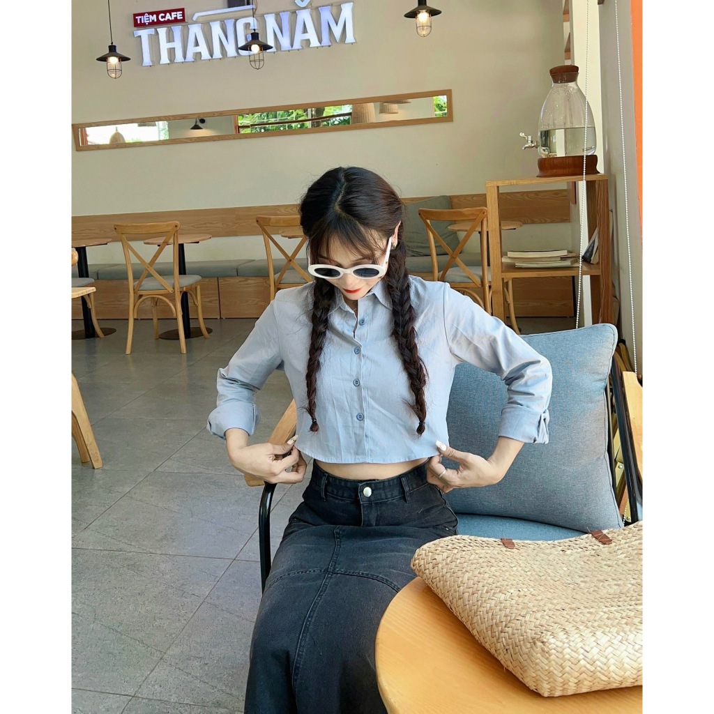 Áo sơ mi croptop tay dài chất kaki hàn Mai Anh Clothing