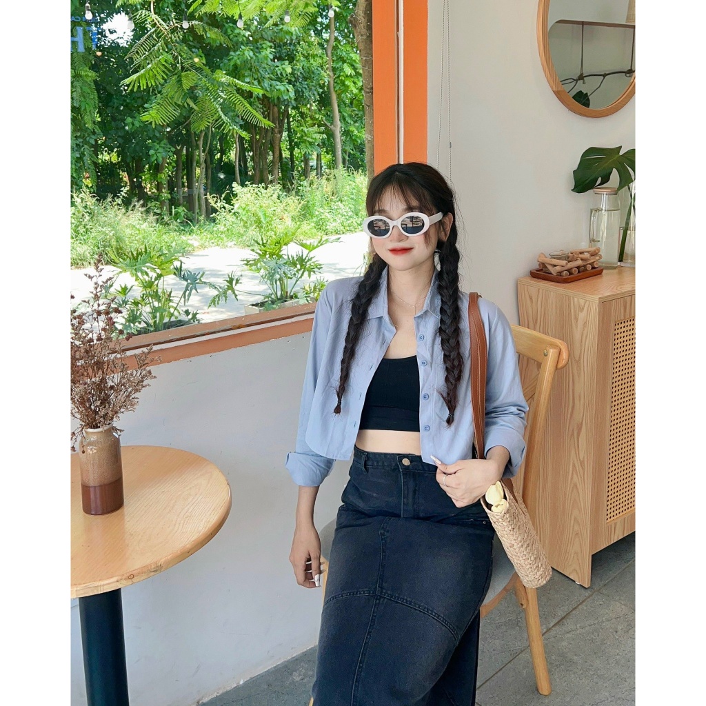 Áo sơ mi croptop tay dài chất kaki hàn Mai Anh Clothing
