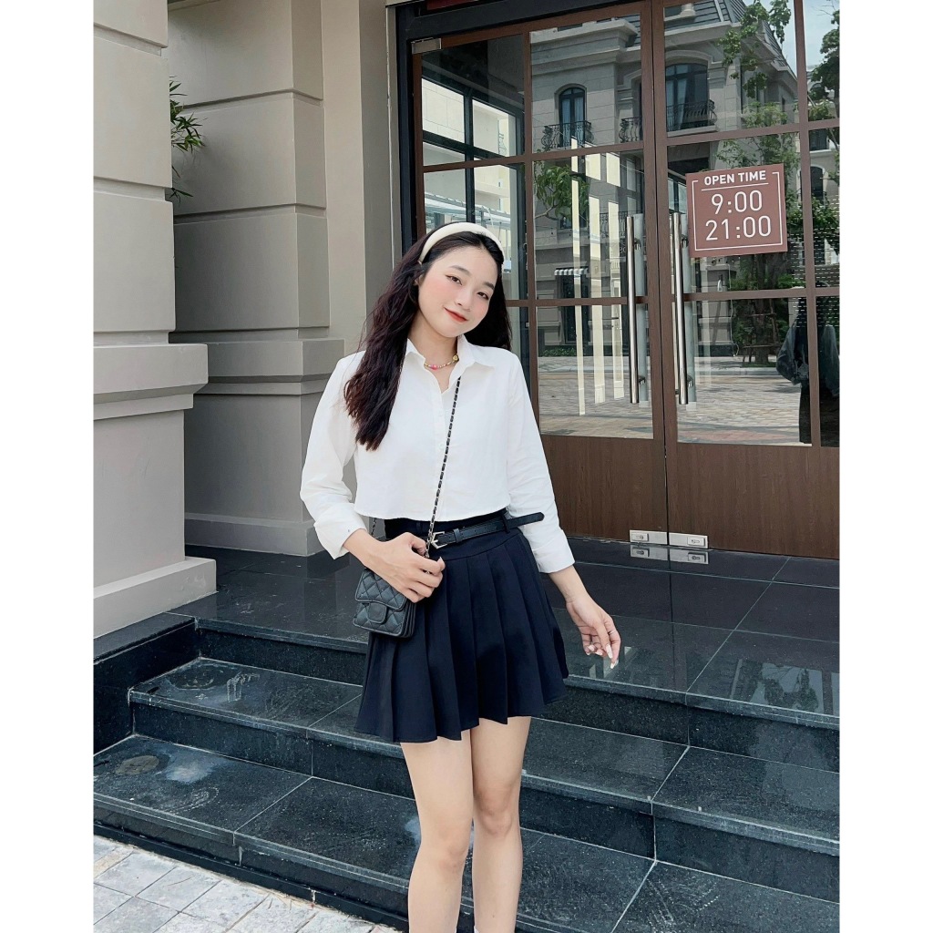 Áo sơ mi croptop tay dài chất kaki hàn Mai Anh Clothing