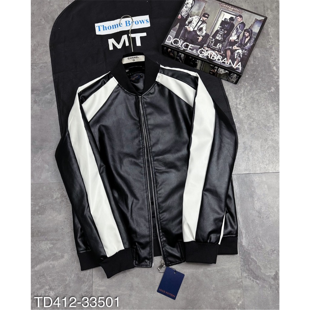 Áo Khoác Da Eo Vì Mix Sọc Tay Da Trắng Siêu Ngầu - Áo Bomber Da Nam Cao Cấp