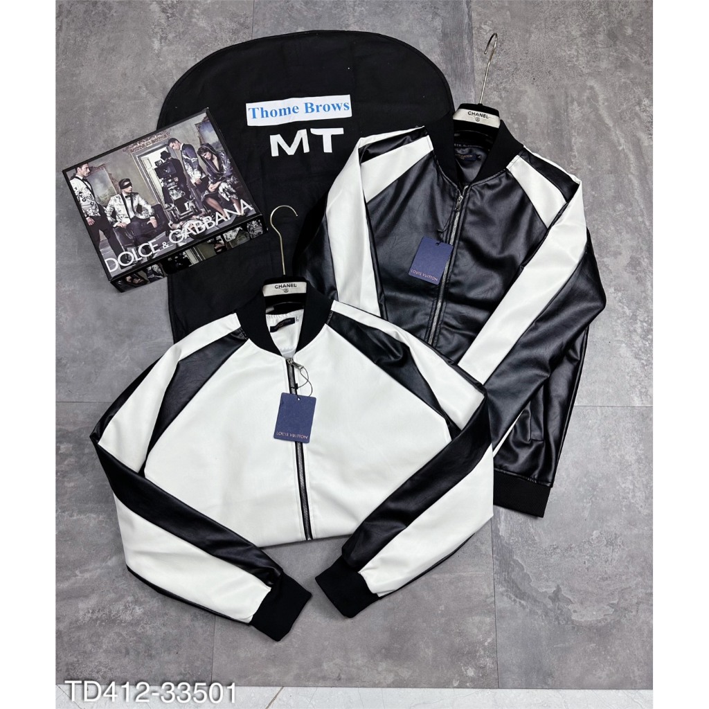 Áo Khoác Da Eo Vì Mix Sọc Tay Da Trắng Siêu Ngầu - Áo Bomber Da Nam Cao Cấp