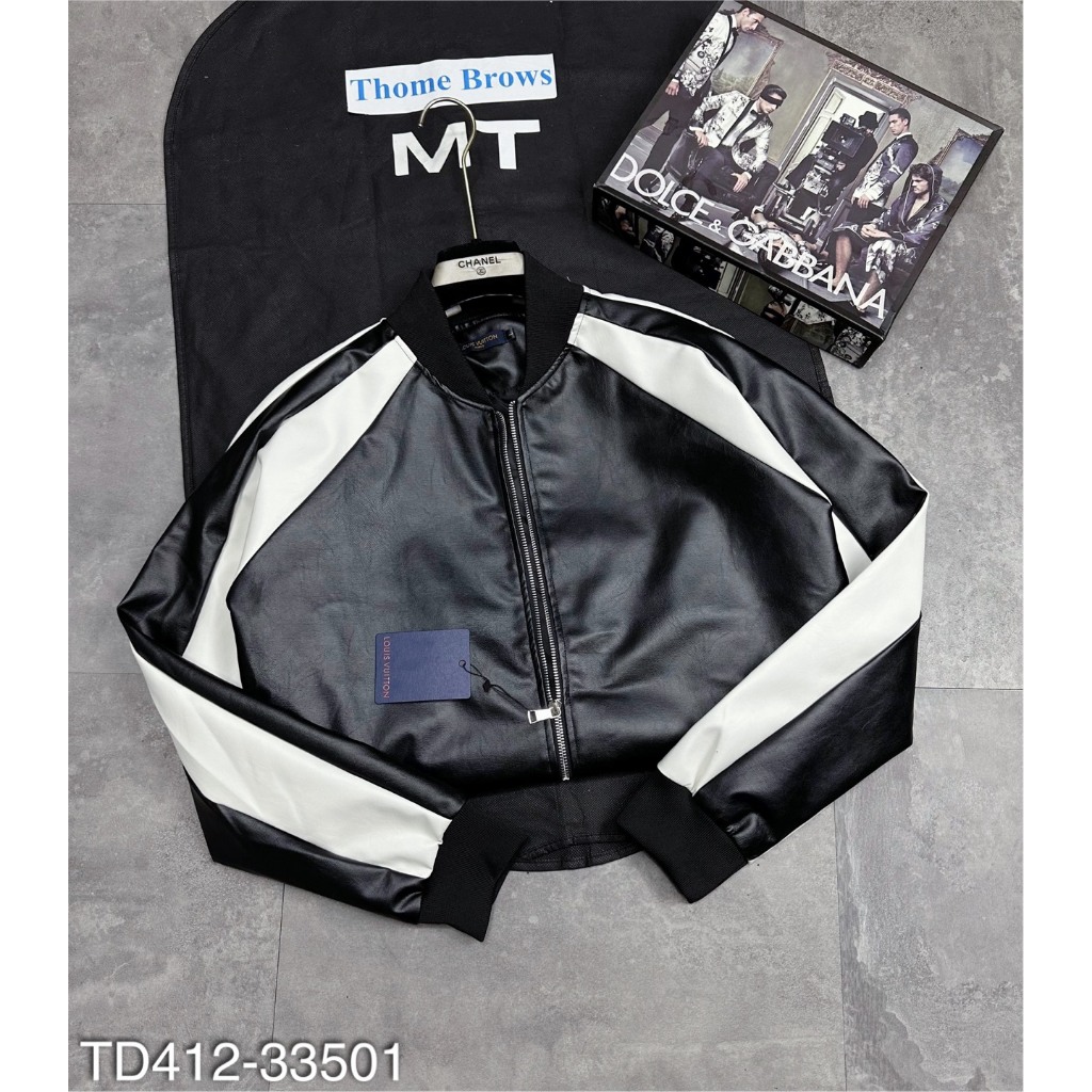 Áo Khoác Da Eo Vì Mix Sọc Tay Da Trắng Siêu Ngầu - Áo Bomber Da Nam Cao Cấp