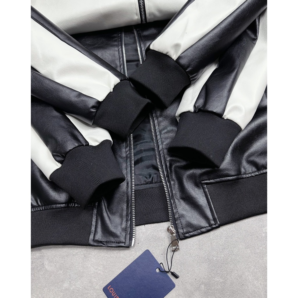 Áo Khoác Da Eo Vì Mix Sọc Tay Da Trắng Siêu Ngầu - Áo Bomber Da Nam Cao Cấp