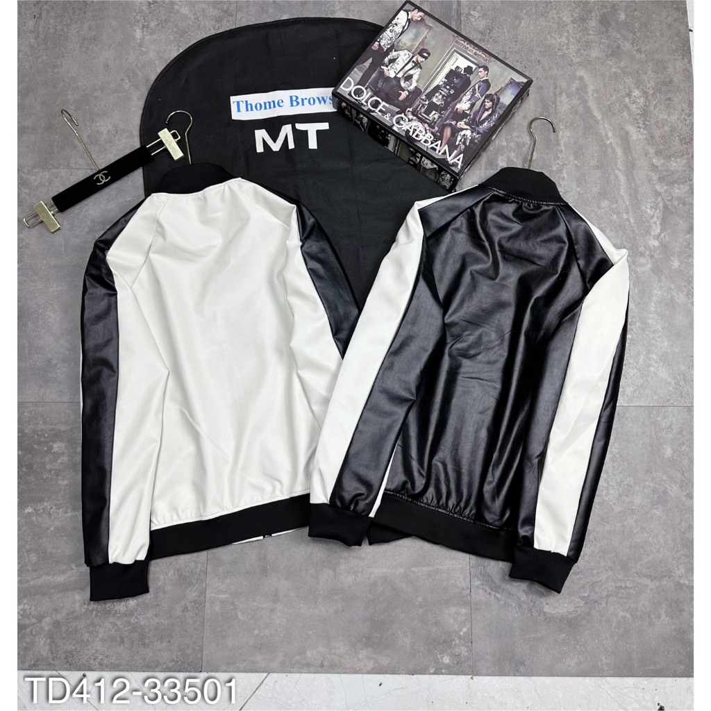 Áo Khoác Da Eo Vì Mix Sọc Tay Da Trắng Siêu Ngầu - Áo Bomber Da Nam Cao Cấp