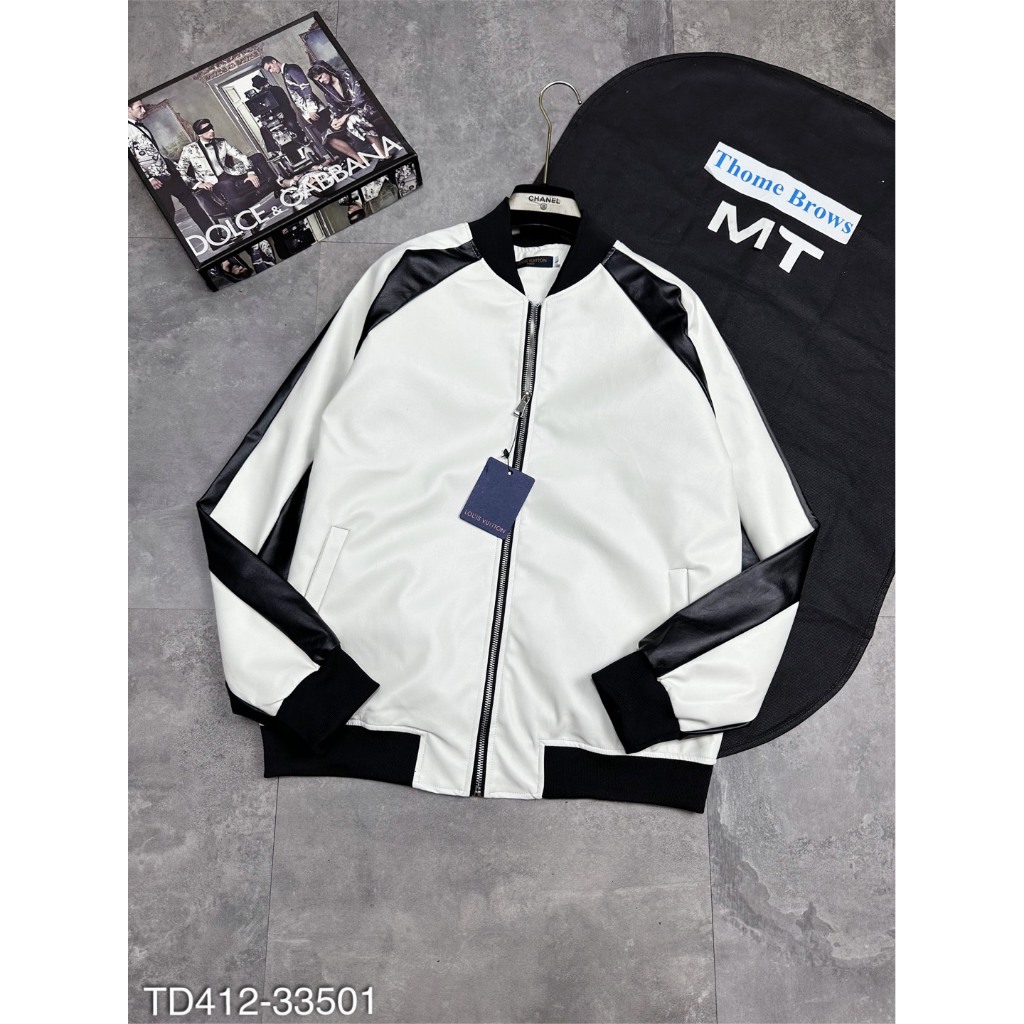 Áo Khoác Da Eo Vì Mix Sọc Tay Da Trắng Siêu Ngầu - Áo Bomber Da Nam Cao Cấp