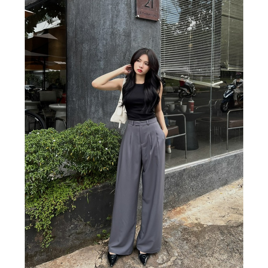 Quần Cotton nữ ống suông HHVINTAGE kiểu lưng cao ống rộng móc ngang chất Cotton Hàn co giãn A15