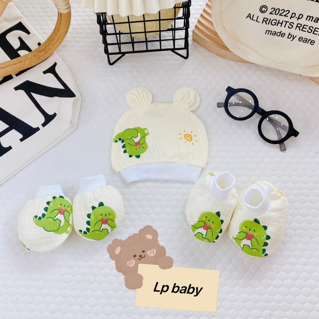 Sét mũ bao tay bao chân sơ sinh MUSLIN 5 MÓN HỌA TIẾT chất đẹp đáng yêu cho bé SM13