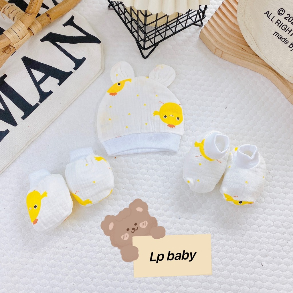 Sét mũ bao tay bao chân sơ sinh MUSLIN 5 MÓN HỌA TIẾT chất đẹp đáng yêu cho bé SM13