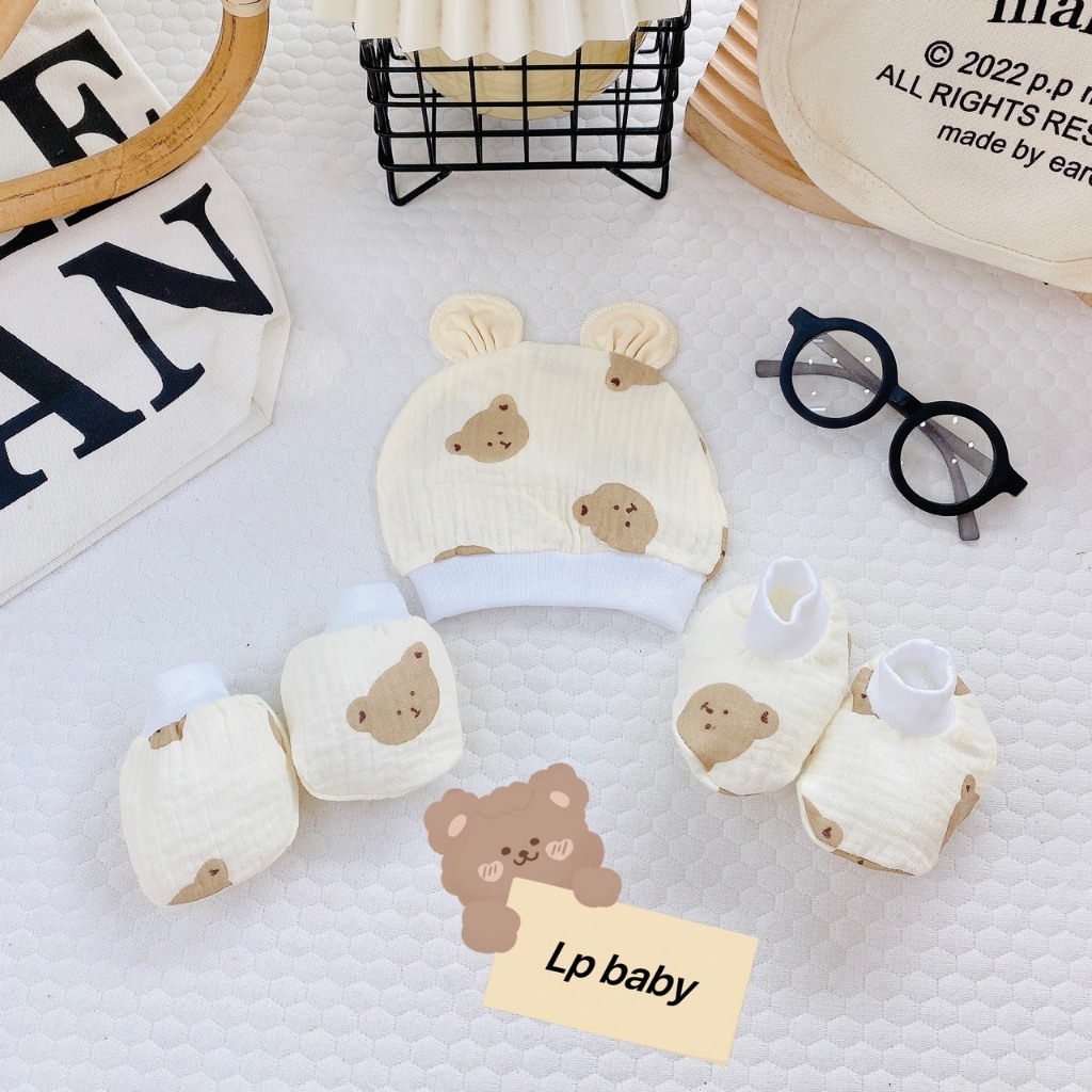 Sét mũ bao tay bao chân sơ sinh MUSLIN 5 MÓN HỌA TIẾT chất đẹp đáng yêu cho bé SM13