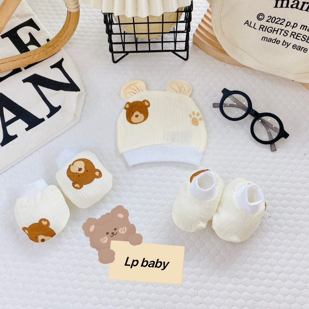 Sét mũ bao tay bao chân sơ sinh MUSLIN 5 MÓN HỌA TIẾT chất đẹp đáng yêu cho bé SM13