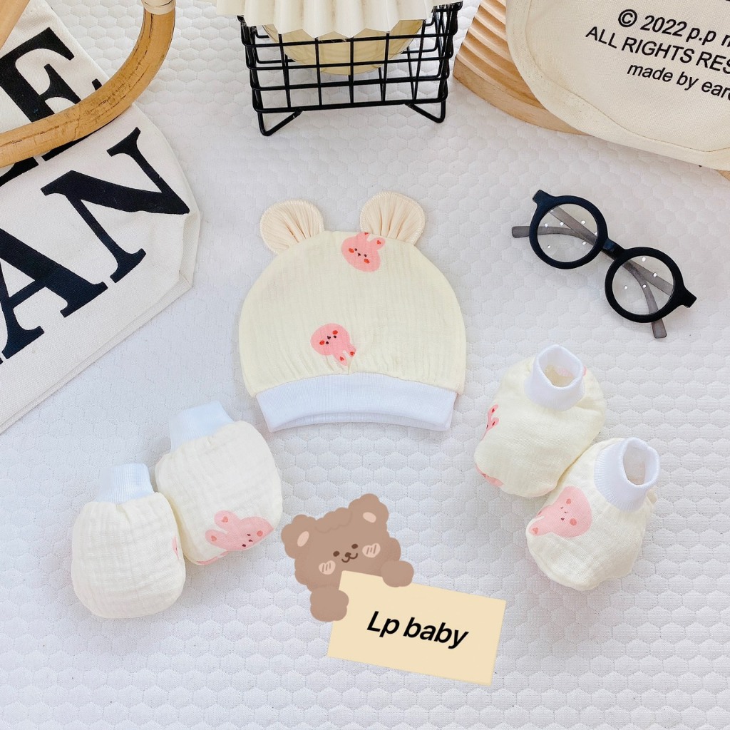Sét mũ bao tay bao chân sơ sinh MUSLIN 5 MÓN HỌA TIẾT chất đẹp đáng yêu cho bé SM13