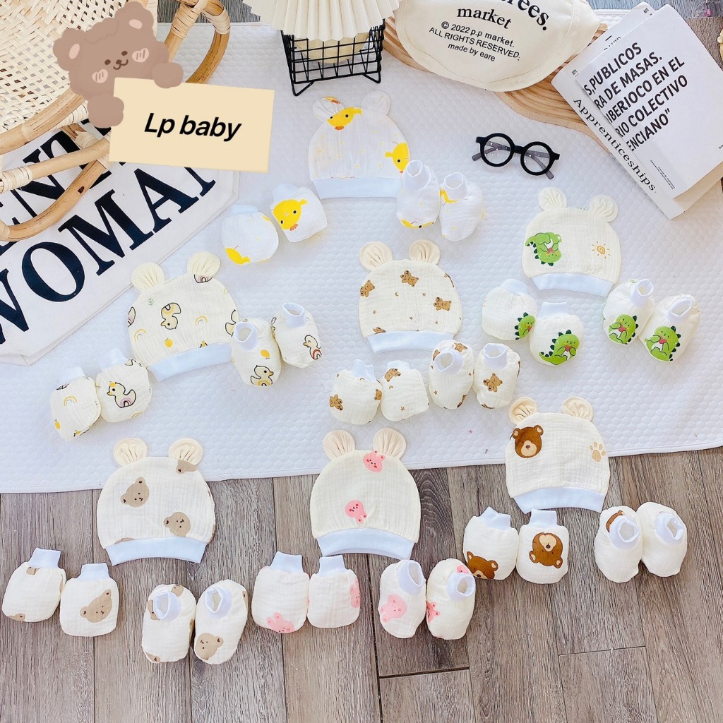 Sét mũ bao tay bao chân sơ sinh MUSLIN 5 MÓN HỌA TIẾT chất đẹp đáng yêu cho bé SM13