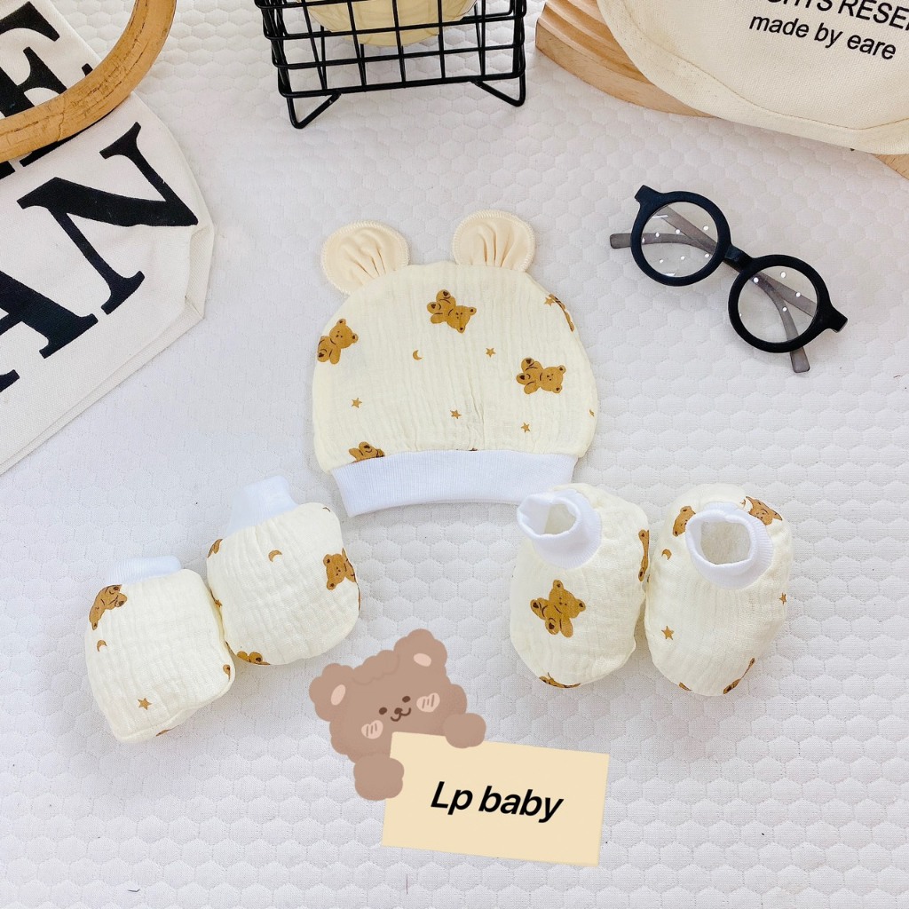 Sét mũ bao tay bao chân sơ sinh MUSLIN 5 MÓN HỌA TIẾT chất đẹp đáng yêu cho bé SM13