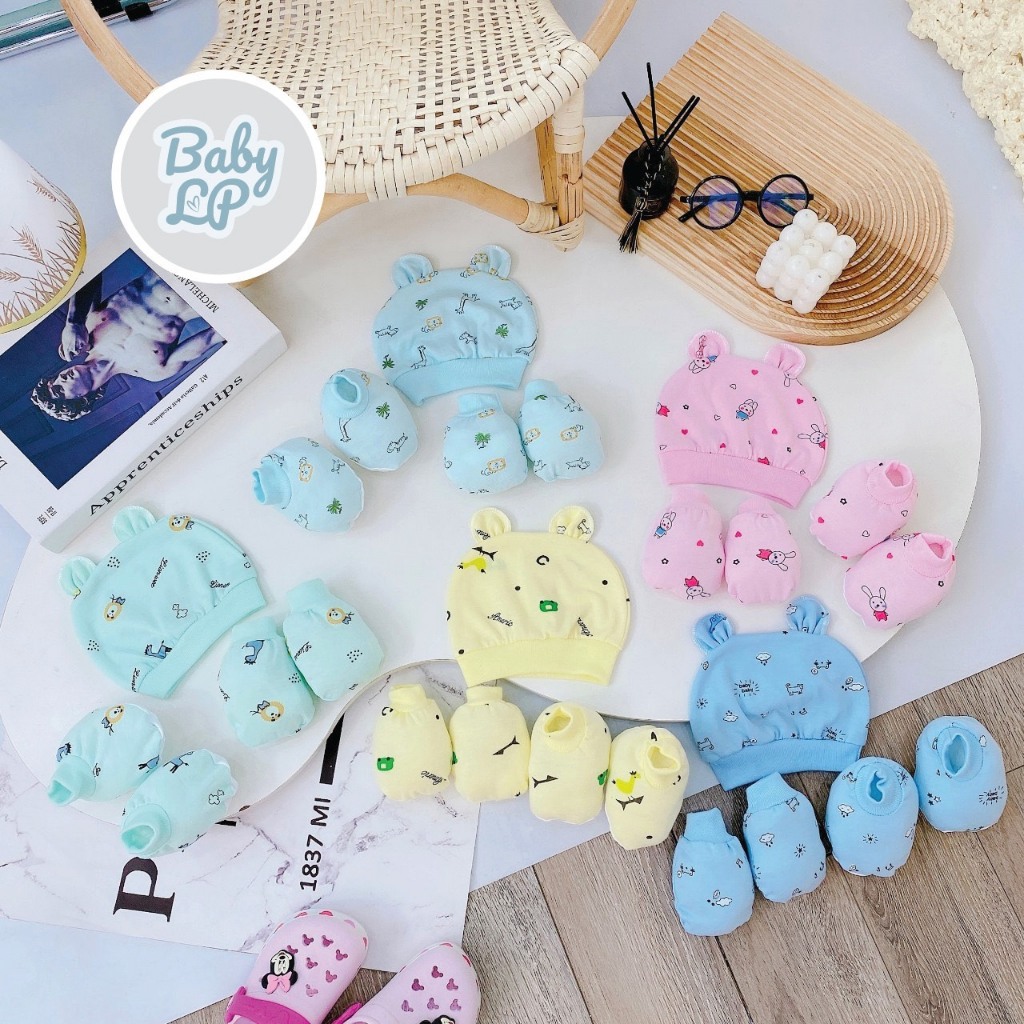 Sét mũ bao tay bao chân sơ sinh HỌA TIẾT 5 MÓN chất đẹp đáng yêu cho bé SM03