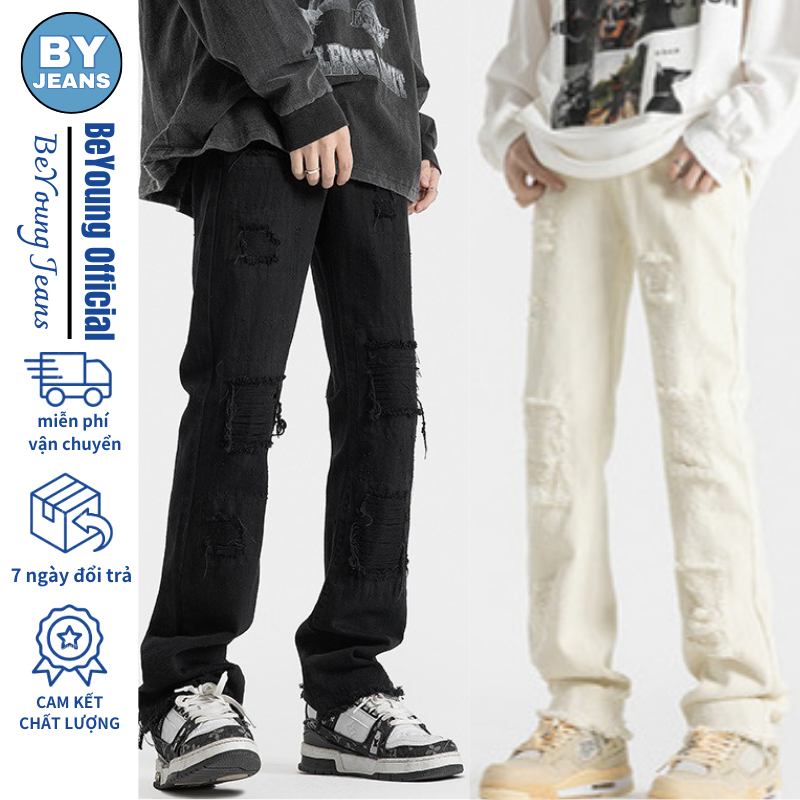 Quần Jean Nam ống suông rộng Rách Gối CẠP CAO BEYOUNG, Quần bò nam Thánh giá phom rộng kiểu dáng Unisex Hottrend
