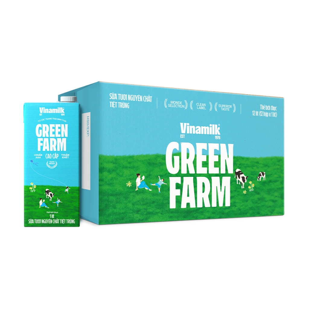 Sữa tươi tiệt trùng Không đường Vinamilk Green Farm - Thùng 12 hộp 1L