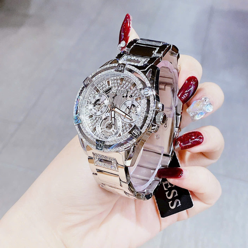Đồng Hồ Nữ Unisex Guess GW0464L1 Silver QUEEN Vỏ Đính Hạt - Dây Thép - Size 39mm