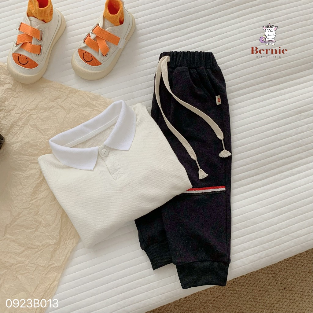 Bộ áo polo dài tay quần nỉ phối dây dệt 3 màu Bernie cho bé