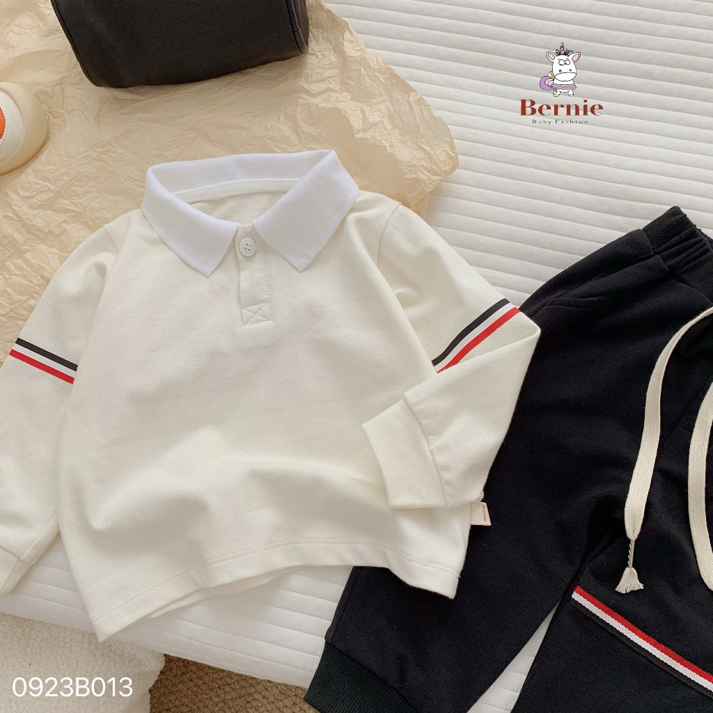 Bộ áo polo dài tay quần nỉ phối dây dệt 3 màu Bernie cho bé