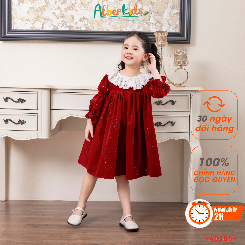 Váy bé gái ALBERKIDS dài tay Nhung kim tuyến óng ánh công chúa xinh đẹp cho trẻ em 2,3,4,5,6,7,8,9,10,11,12 tuổi [A0283]