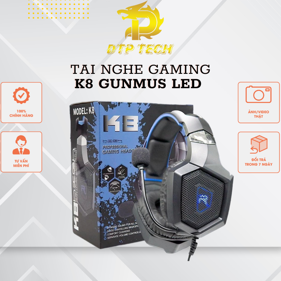Tai Nghe Gaming K8 GUNMUS LED NEW BH 6 THÁNG Tai nghe gaming