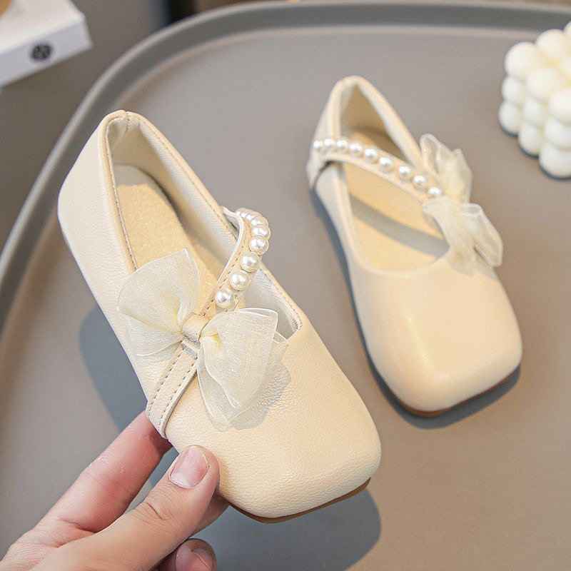Giày Búp Bê Đế Mềm Quai Chéo Đính Nơ Ngọc Chống Nhấc Gót Cho Bé
