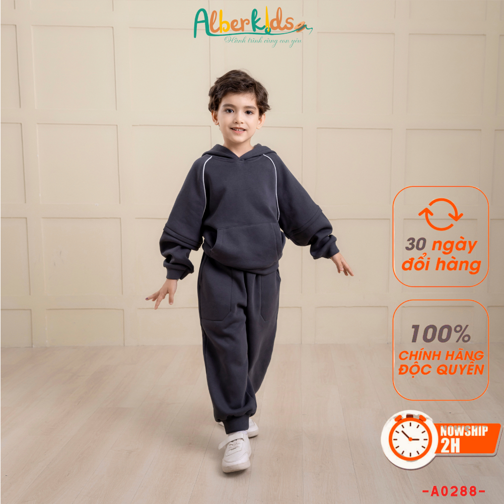 Bộ đồ nỉ bé trai ALBERKIDS có mũ phối né trắng cho trẻ em 2,3,4,5,6,7,8,9,10,11,12 tuổi [A0288]
