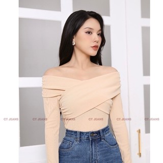 Áo Thun Nữ Cổ Chéo Nhún Eo Vải Tăm Hàn Cao Cấp Phong Cách Nữ Tính Sang Trọng Thời Trang CT Jeans
