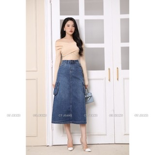 Chân Váy Jean Midi 2 Túi Ốp Dáng A Dài Xẻ Sau Gấu Thường CT Jeans