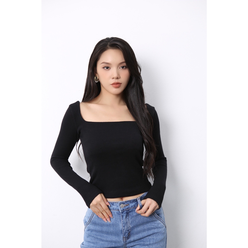 Áo Pull Nữ Cổ Vuông Vải Gân Lạnh Co Giãn, CT Jeans