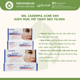 Gel Zaderma Acne 24h giảm mụn, mờ thâm sẹo 7g/20g