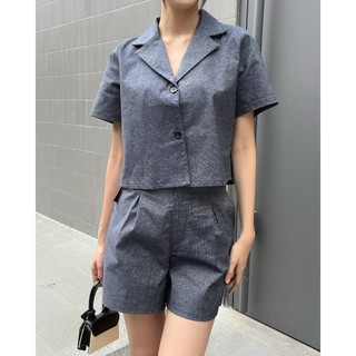Bộ set quần ngắn và áo crop top sơ mi Jean xanh đen đậm- Lovadova 23O07C002