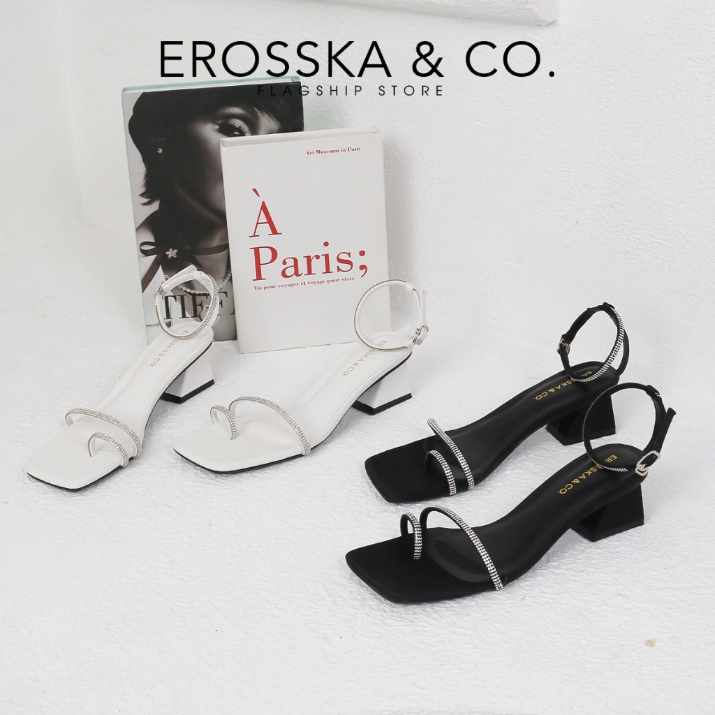 Erosska - Giày sandal cao gót nữ xỏ ngón dây mảnh đính đá sang trọng màu đen - EB068