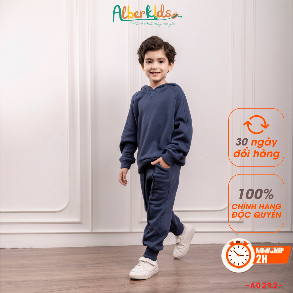 Bộ đồ nỉ bé trai ALBERKIDS hoodie trơn xanh than có mũ cho trẻ em 2,3,4,5,6,7,8,9,10,11,12 tuổi [A0292]