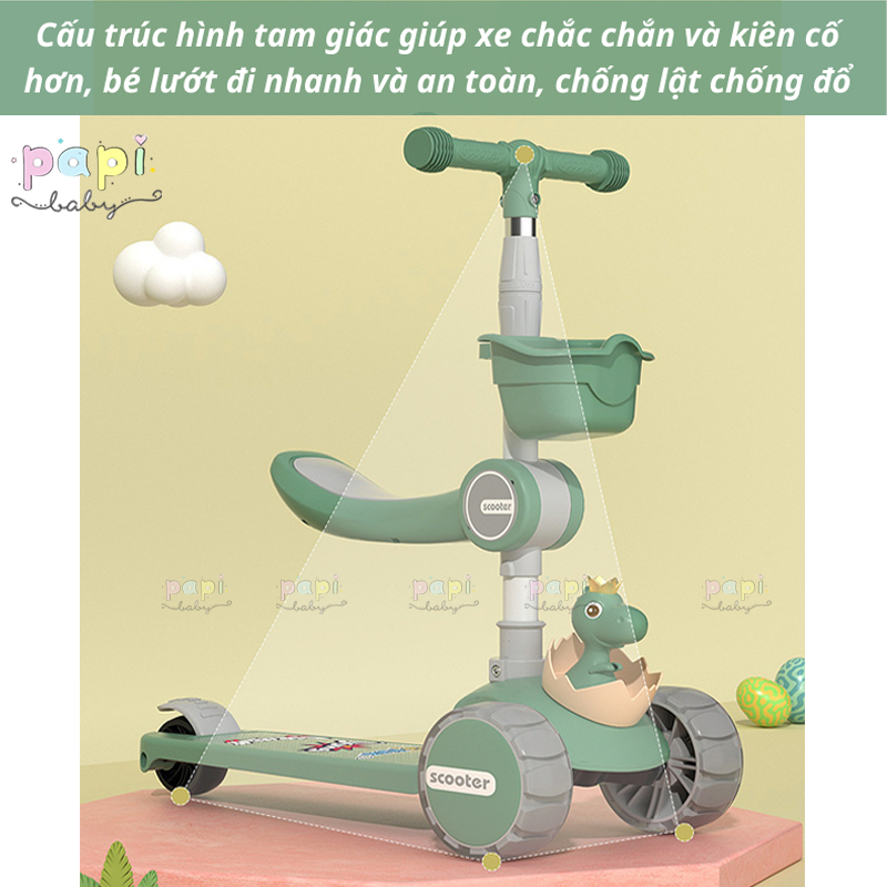 Xe Trượt Scooter Khủng Long, Xe Chòi Chân Cho Bé Kích Thước Lớn Có Đèn,