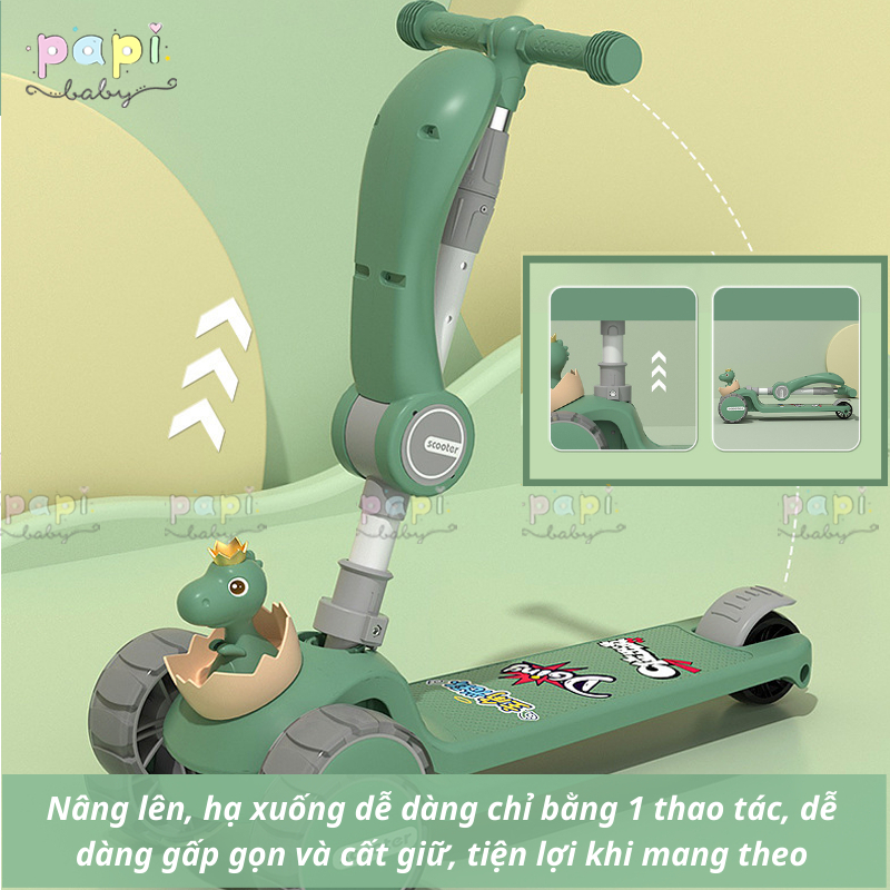 Xe Trượt Scooter Khủng Long, Xe Chòi Chân Cho Bé Kích Thước Lớn Có Đèn,