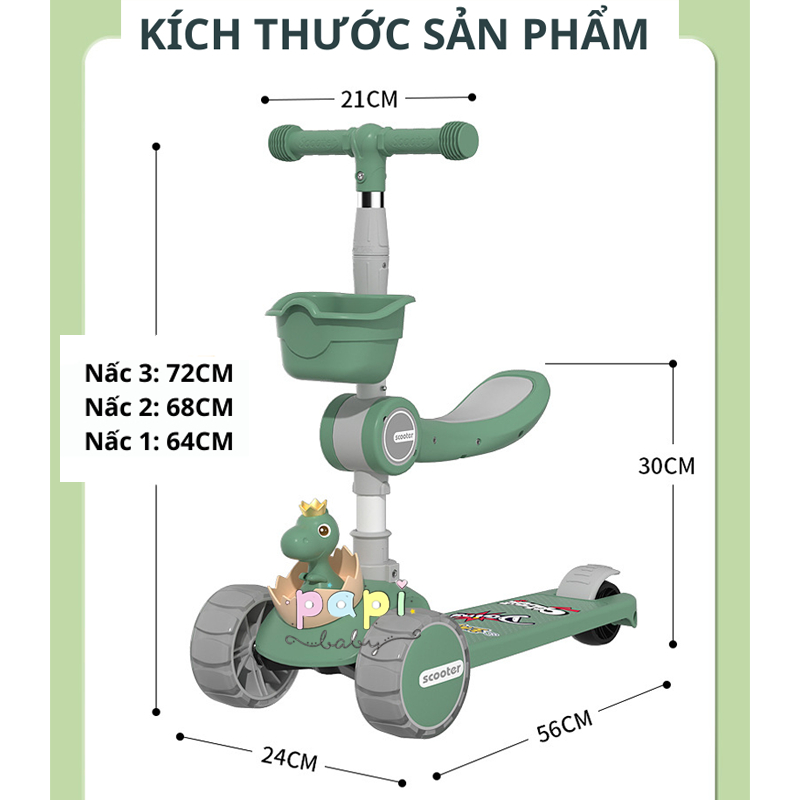 Xe Trượt Scooter Khủng Long, Xe Chòi Chân Cho Bé Kích Thước Lớn Có Đèn,
