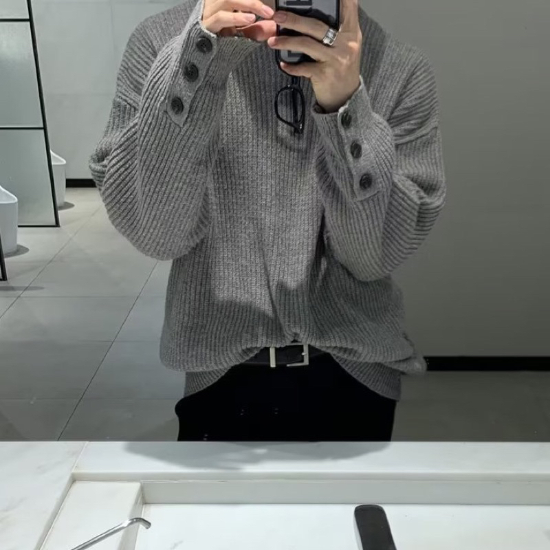 > Áo sweater dệt kim màu xám nút kiểu cổ tròn dài tay phong cách Hàn Quốc dành cho nam trẻ trung cá tính 2022