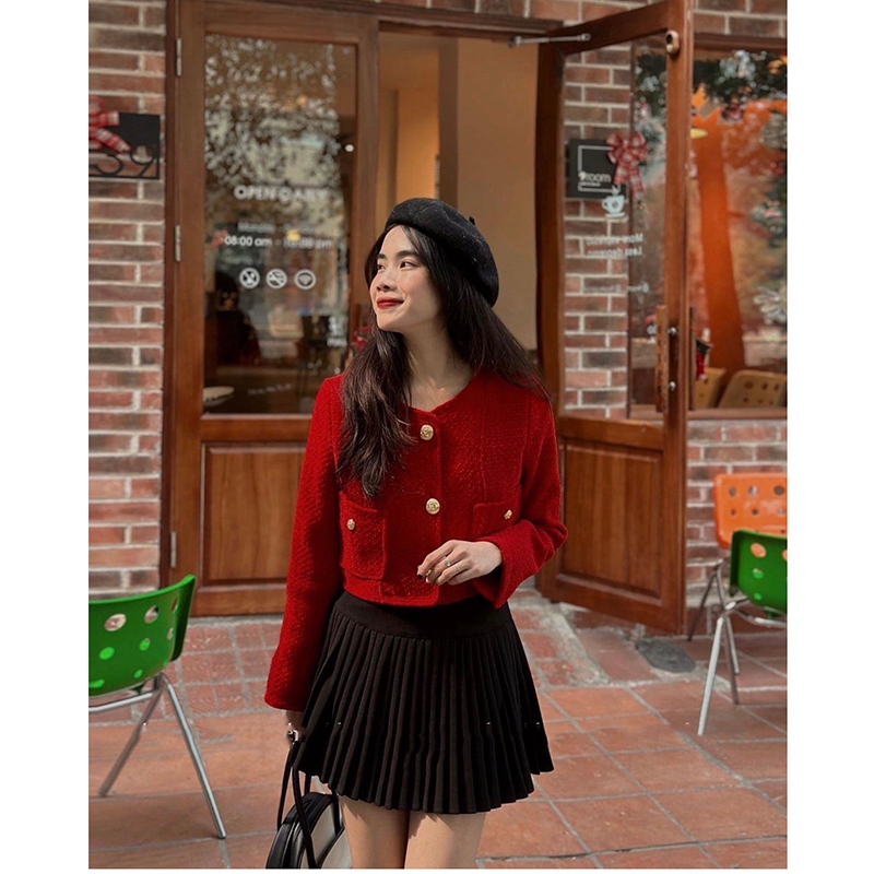 Áo Khoác Dạ Tweed Dáng Ngắn Cổ Tròn Có Cúc Đồng Sang Chảnh M2807 - Lolla Fashion