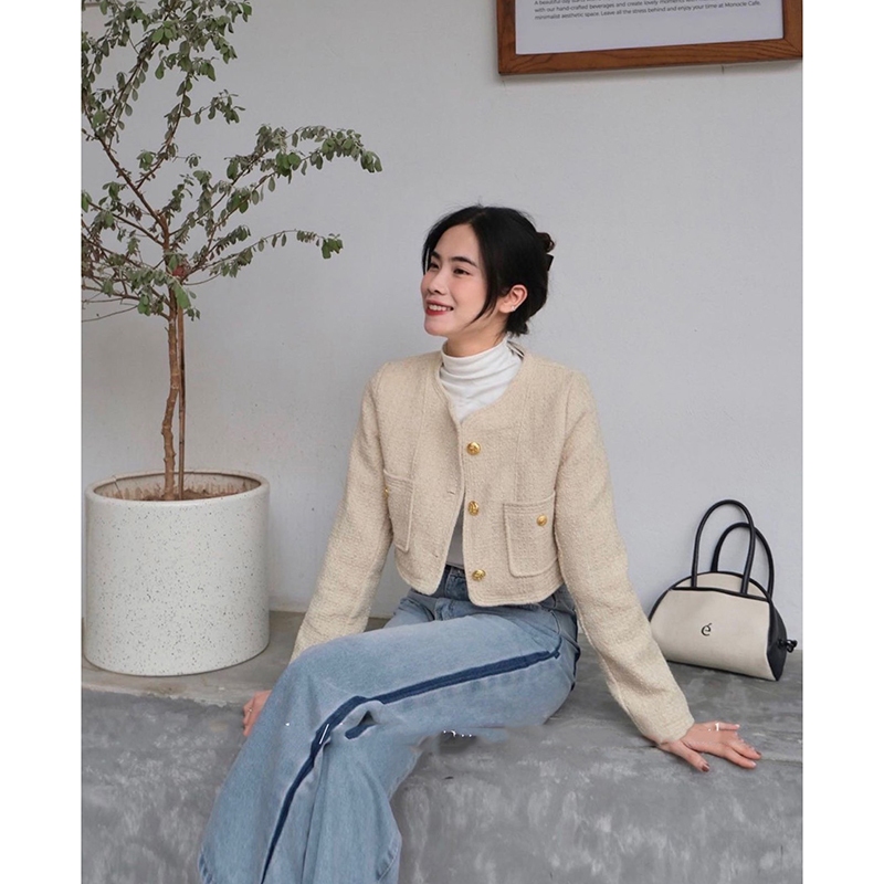 Áo Khoác Dạ Tweed Dáng Ngắn Cổ Tròn Có Cúc Đồng Sang Chảnh M2807 - Lolla Fashion