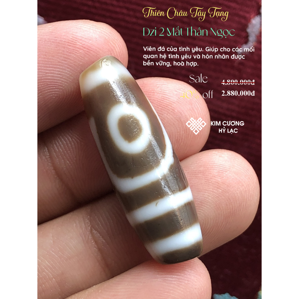 Dzi Tây Tạng, Thiên Châu Dzi 2 Mắt 34,8mm [Kim Cương Hỷ Lạc]
