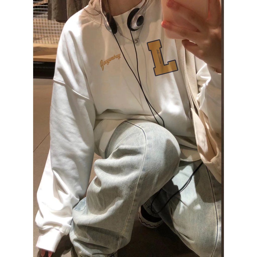 Focus local brand fashion vintage trắng long sleeve women áo nỉ sweater unisex oversized basic 100%cotton