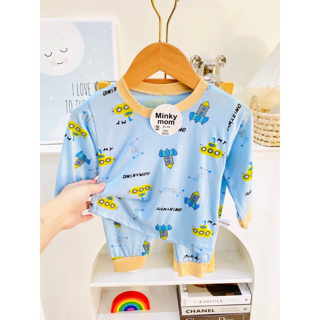 Bộ dài tay vải thun lạnh phối hình in cho bé trai, bé gái vải mềm mịn, co giãn, thoáng mát